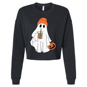 Halloween Ghost Drinking Coffee Ghost Ice Coffee Cropped Pullover Crew