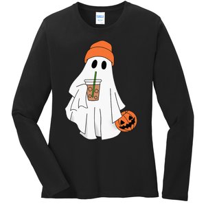 Halloween Ghost Drinking Coffee Ghost Ice Coffee Ladies Long Sleeve Shirt