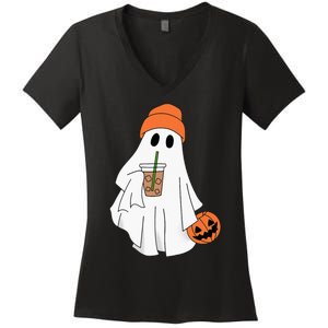 Halloween Ghost Drinking Coffee Ghost Ice Coffee Women's V-Neck T-Shirt