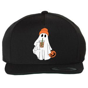 Halloween Ghost Drinking Coffee Ghost Ice Coffee Wool Snapback Cap