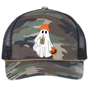 Halloween Ghost Drinking Coffee Ghost Ice Coffee Retro Rope Trucker Hat Cap