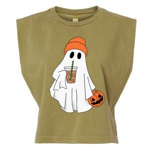 Halloween Ghost Drinking Coffee Ghost Ice Coffee Garment-Dyed Women's Muscle Tee