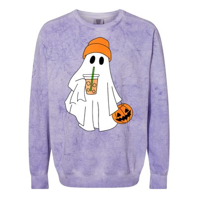 Halloween Ghost Drinking Coffee Funny Ghost Ice Coffee Gift Colorblast Crewneck Sweatshirt