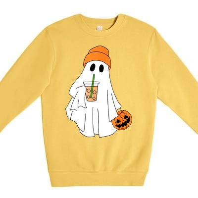 Halloween Ghost Drinking Coffee Funny Ghost Ice Coffee Gift Premium Crewneck Sweatshirt