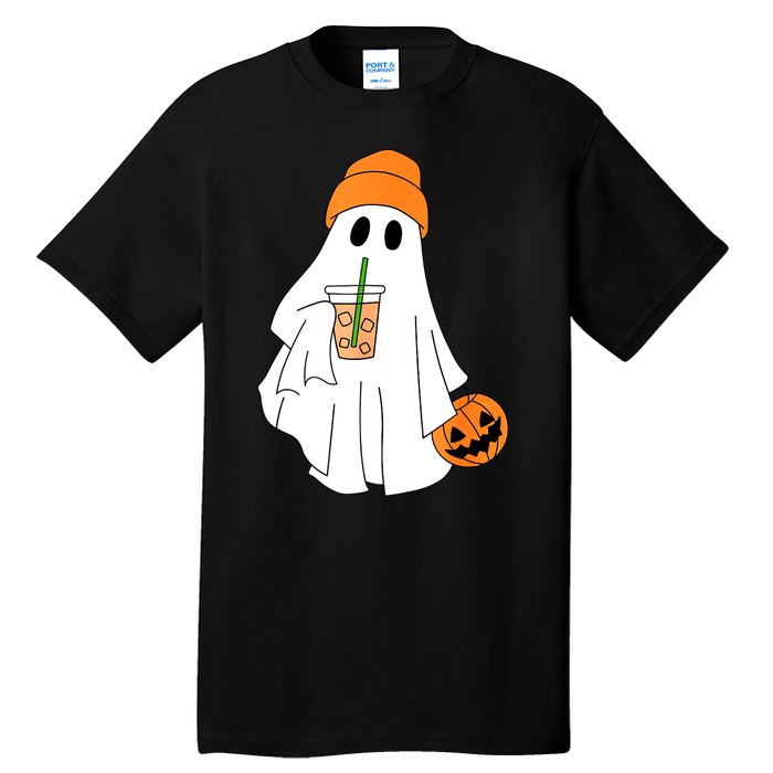 Halloween Ghost Drinking Coffee Funny Ghost Ice Coffee Gift Tall T-Shirt