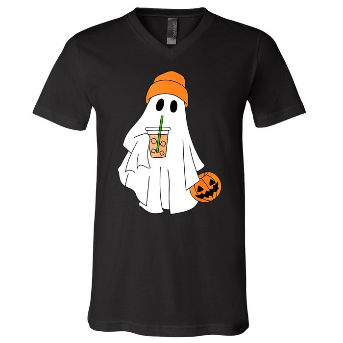 Halloween Ghost Drinking Coffee Funny Ghost Ice Coffee Gift V-Neck T-Shirt