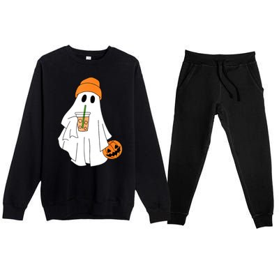 Halloween Ghost Drinking Coffee Funny Ghost Ice Coffee Gift Premium Crewneck Sweatsuit Set