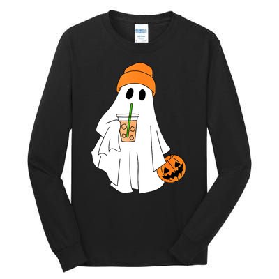 Halloween Ghost Drinking Coffee Funny Ghost Ice Coffee Gift Tall Long Sleeve T-Shirt