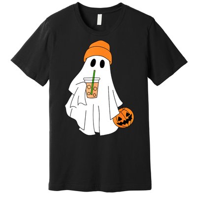 Halloween Ghost Drinking Coffee Funny Ghost Ice Coffee Gift Premium T-Shirt