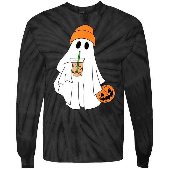 Halloween Ghost Drinking Coffee Funny Ghost Ice Coffee Gift Tie-Dye Long Sleeve Shirt