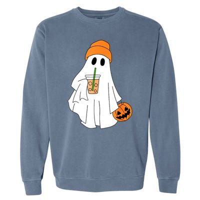 Halloween Ghost Drinking Coffee Funny Ghost Ice Coffee Gift Garment-Dyed Sweatshirt