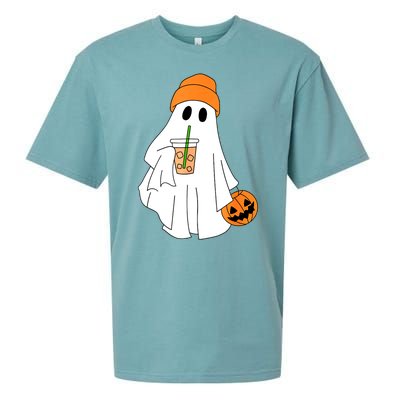 Halloween Ghost Drinking Coffee Funny Ghost Ice Coffee Gift Sueded Cloud Jersey T-Shirt