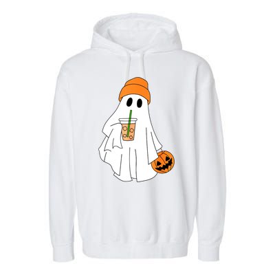 Halloween Ghost Drinking Coffee Funny Ghost Ice Coffee Gift Garment-Dyed Fleece Hoodie