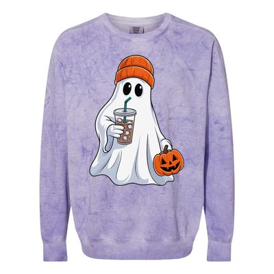 Halloween Ghost Drinking Coffee Ghost Ice Coffee Colorblast Crewneck Sweatshirt