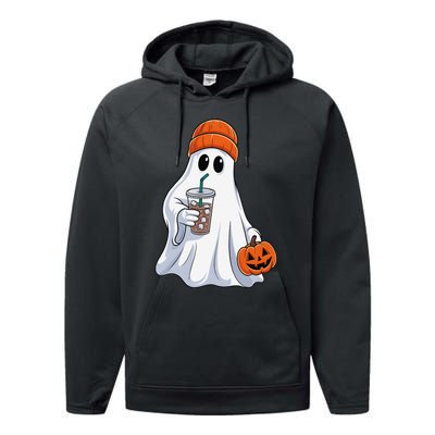 Halloween Ghost Drinking Coffee Ghost Ice Coffee Performance Fleece Hoodie