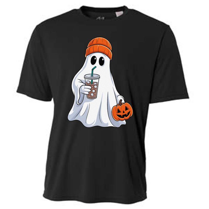 Halloween Ghost Drinking Coffee Ghost Ice Coffee Cooling Performance Crew T-Shirt