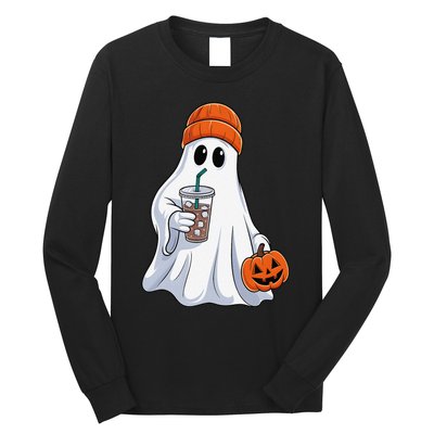 Halloween Ghost Drinking Coffee Ghost Ice Coffee Long Sleeve Shirt