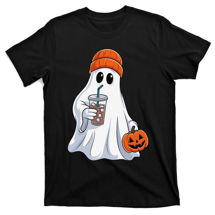 Halloween Ghost Drinking Coffee Ghost Ice Coffee T-Shirt