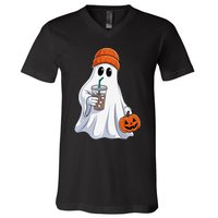 Halloween Ghost Drinking Coffee Ghost Ice Coffee V-Neck T-Shirt