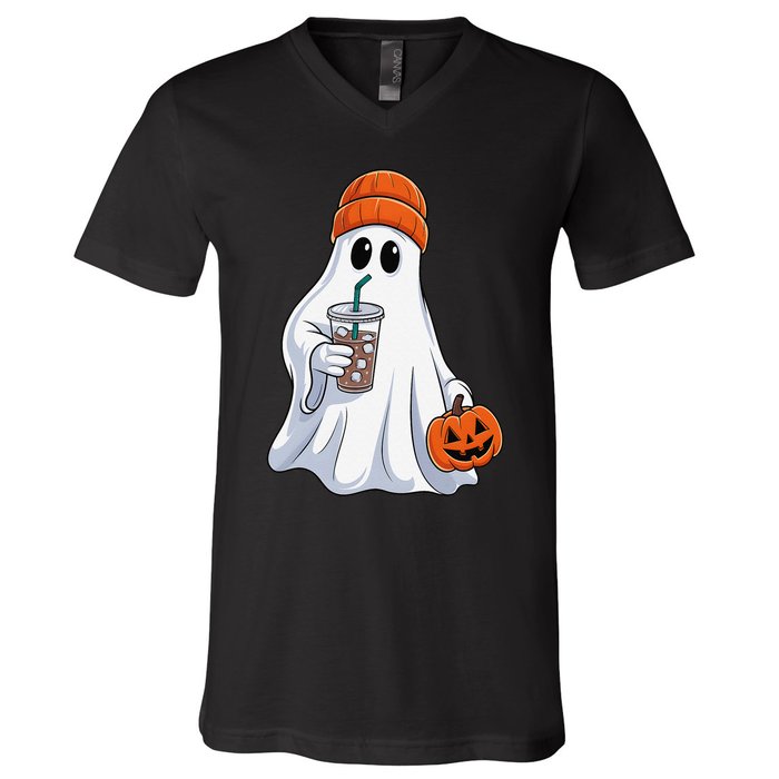 Halloween Ghost Drinking Coffee Ghost Ice Coffee V-Neck T-Shirt