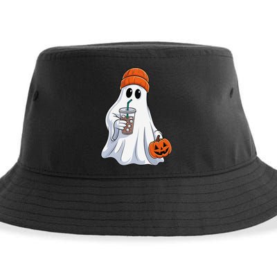 Halloween Ghost Drinking Coffee Ghost Ice Coffee Sustainable Bucket Hat