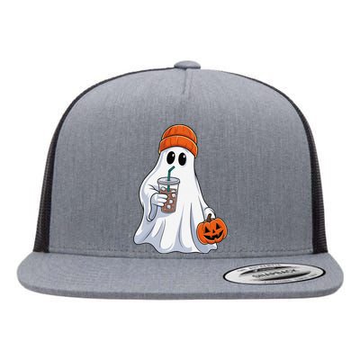 Halloween Ghost Drinking Coffee Ghost Ice Coffee Flat Bill Trucker Hat