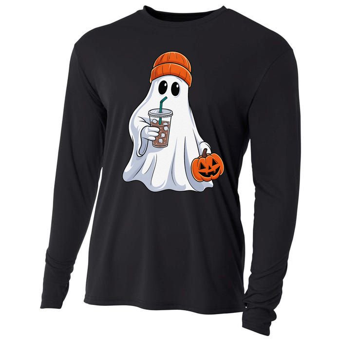 Halloween Ghost Drinking Coffee Ghost Ice Coffee Cooling Performance Long Sleeve Crew