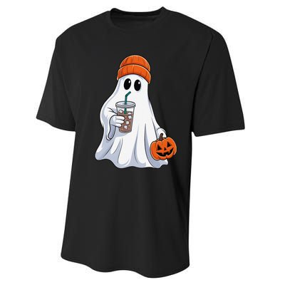 Halloween Ghost Drinking Coffee Ghost Ice Coffee Performance Sprint T-Shirt