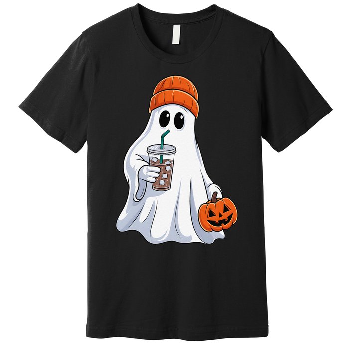 Halloween Ghost Drinking Coffee Ghost Ice Coffee Premium T-Shirt