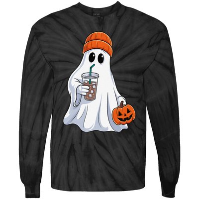 Halloween Ghost Drinking Coffee Ghost Ice Coffee Tie-Dye Long Sleeve Shirt