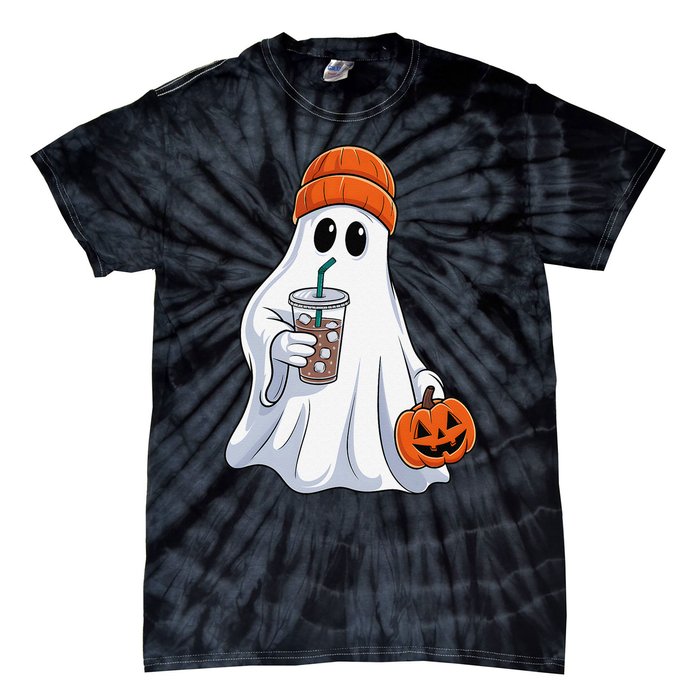 Halloween Ghost Drinking Coffee Ghost Ice Coffee Tie-Dye T-Shirt