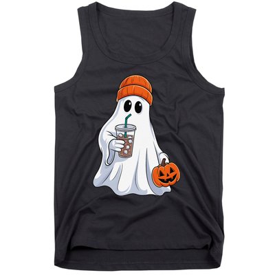 Halloween Ghost Drinking Coffee Ghost Ice Coffee Tank Top