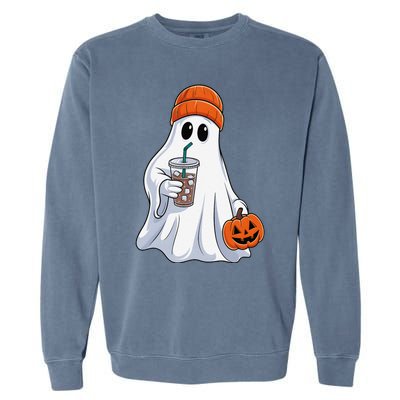 Halloween Ghost Drinking Coffee Ghost Ice Coffee Garment-Dyed Sweatshirt