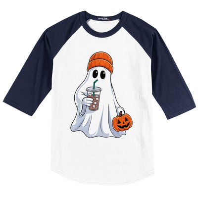 Halloween Ghost Drinking Coffee Ghost Ice Coffee Baseball Sleeve Shirt