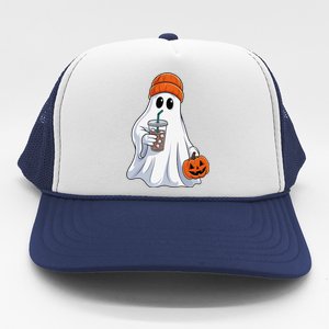 Halloween Ghost Drinking Coffee Ghost Ice Coffee Trucker Hat