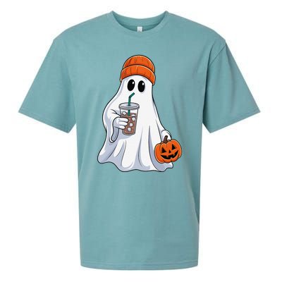 Halloween Ghost Drinking Coffee Ghost Ice Coffee Sueded Cloud Jersey T-Shirt