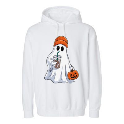 Halloween Ghost Drinking Coffee Ghost Ice Coffee Garment-Dyed Fleece Hoodie