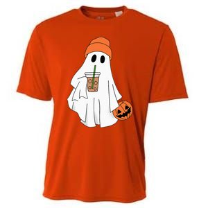 Halloween Ghost Drinking Coffee Ghost Ice Coffee Cooling Performance Crew T-Shirt