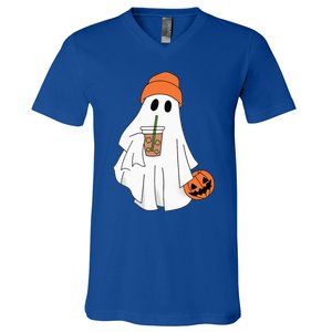 Halloween Ghost Drinking Coffee Ghost Ice Coffee V-Neck T-Shirt