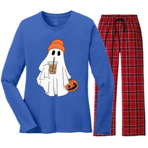 Halloween Ghost Drinking Coffee Ghost Ice Coffee Women's Long Sleeve Flannel Pajama Set 