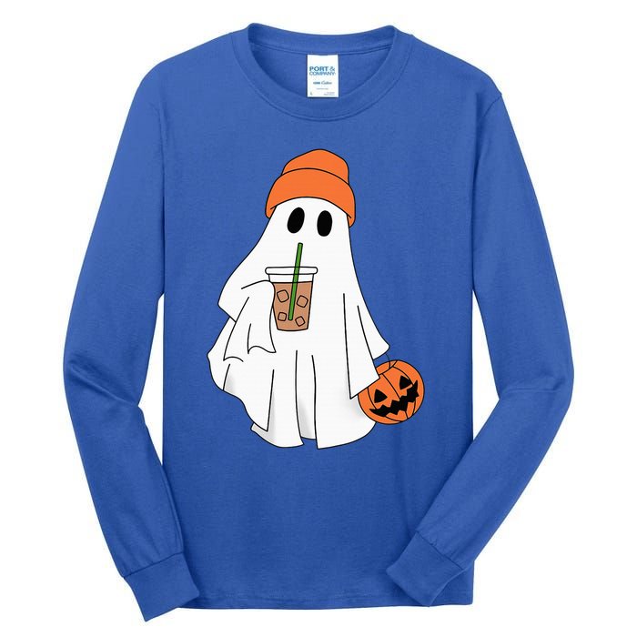 Halloween Ghost Drinking Coffee Ghost Ice Coffee Tall Long Sleeve T-Shirt