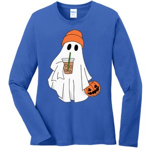 Halloween Ghost Drinking Coffee Ghost Ice Coffee Ladies Long Sleeve Shirt