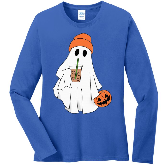 Halloween Ghost Drinking Coffee Ghost Ice Coffee Ladies Long Sleeve Shirt