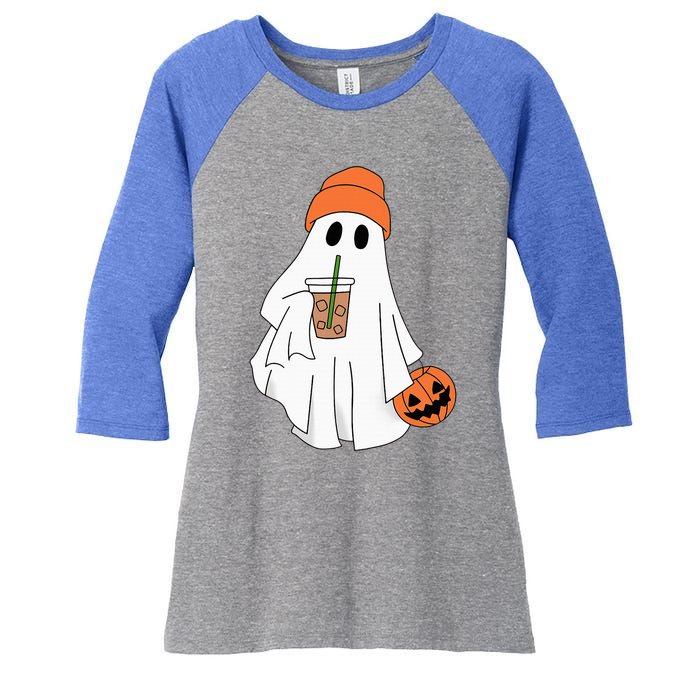 Halloween Ghost Drinking Coffee Ghost Ice Coffee Women's Tri-Blend 3/4-Sleeve Raglan Shirt