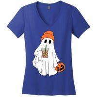 Halloween Ghost Drinking Coffee Ghost Ice Coffee Women's V-Neck T-Shirt