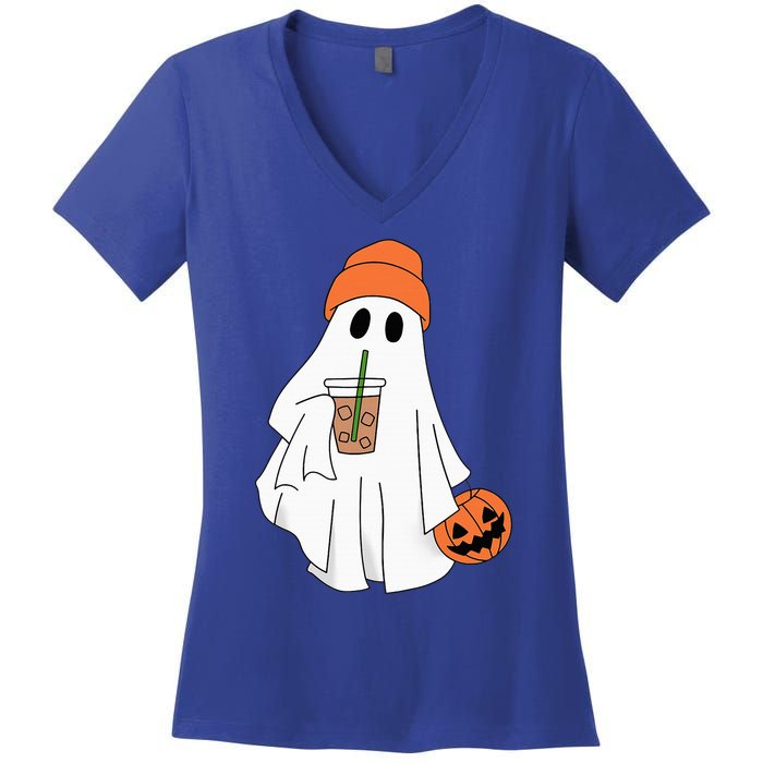 Halloween Ghost Drinking Coffee Ghost Ice Coffee Women's V-Neck T-Shirt