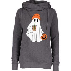 Halloween Ghost Drinking Coffee Ghost Ice Coffee Womens Funnel Neck Pullover Hood