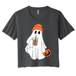 Halloween Ghost Drinking Coffee Ghost Ice Coffee Women's Crop Top Tee