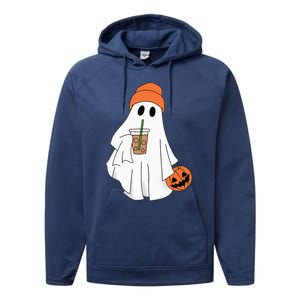 Halloween Ghost Drinking Coffee Ghost Ice Coffee Performance Fleece Hoodie