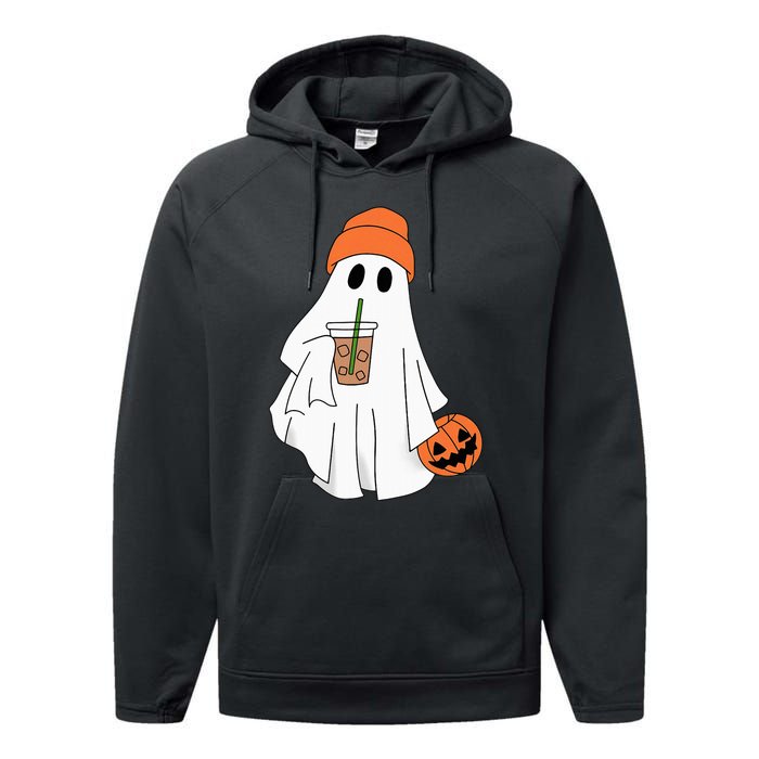 Halloween Ghost Drinking Coffee Ghost Ice Coffee Performance Fleece Hoodie